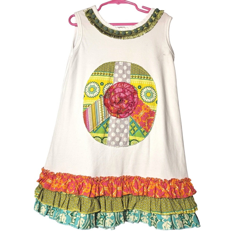 La Jenns Girls White Patchwork Ruffle Dress Sleeveless Boho Trim‎ Rosette Size 5